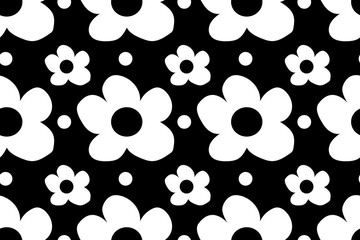 Black and white color chamomile flower. Cartoon botanical floral simple seamless vector pattern for design and decoration.