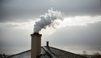 Dense smoke comes out of the chimney of a private house due to the burning of wood