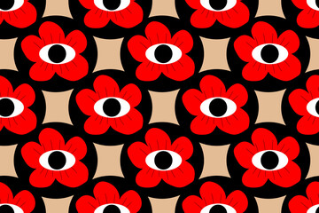 Abstract red flower with an eye in the middle. Black, red, white bright contrast colors. Seamless vector pattern for design and decoration.
