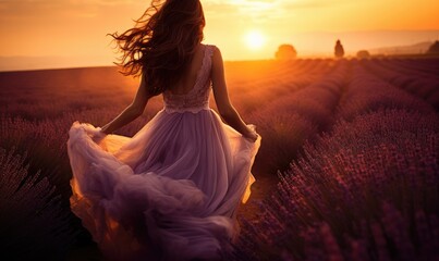 Provence Dreams: Happy Woman in a Dress, Back to the Viewer, Strolls Through a Lavender Field in...