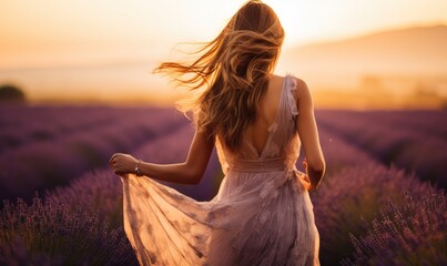Provence Dreams: Happy Woman in a Dress, Back to the Viewer, Strolls Through a Lavender Field in France, Bathed in the Warmth of Sunset, Surrounded by Fog and Sunlight.

 - Powered by Adobe