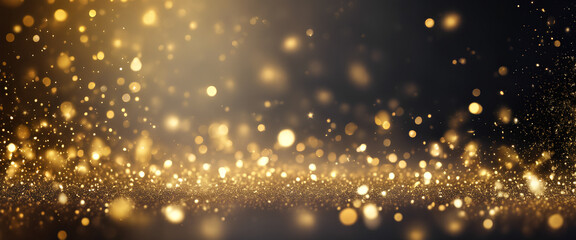 Obraz na płótnie Canvas Glamorous Sparkle: Abstract Gold Dust in Defocused Light Creates an Aura of Elegance - Luxe Festive Photography for Unforgettable Celebrations - Gold & Black Background