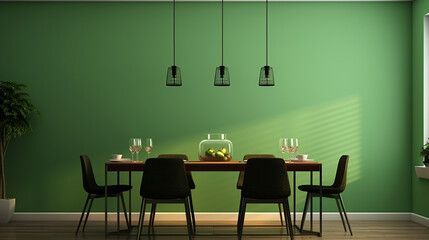Minimalist dining room with green wall background. 