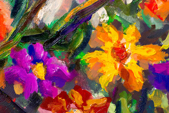 Colorful flowers Original oil painting art - floral landscape flower texture artwork © Original Painting