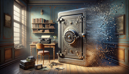 Vintage safe symbolizing information security in serene room with digital disintegration
