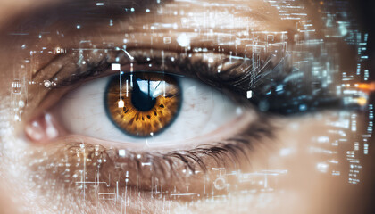 Futuristic Face Scan: Close-up of a Woman's Eye in Cyber Era, Representing AI Technology and Information Security - Close Up Woman Eye with the Data