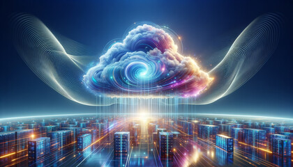 Obraz premium Vibrant cloud storage with abstract aura and surreal landscape.