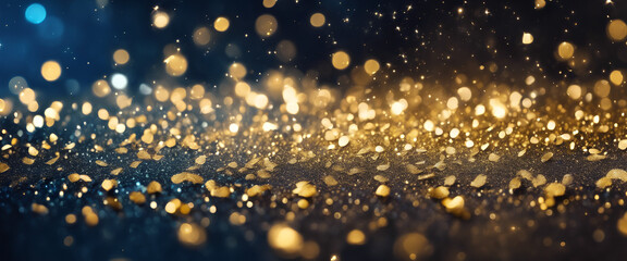 Obraz na płótnie Canvas Gilded Evening Reverie: Lustrous Blue and Gold Bokeh, Conjuring a Tale of Romance and Splendor in Abstract Backgrounds - Tailored for Festive Celebrations and Lavish Banners Enriched 