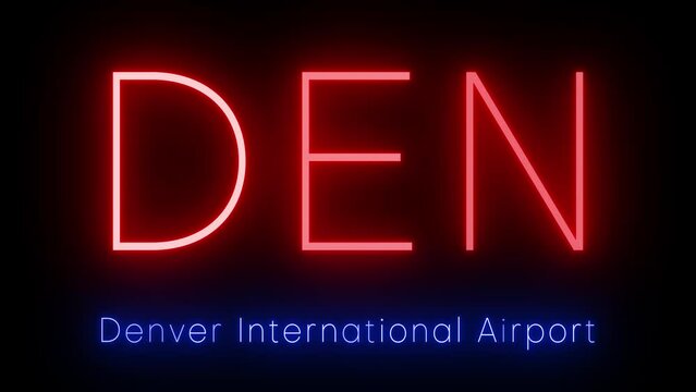 Flickering red retro style neon sign glowing against a black background for Denver International Airport