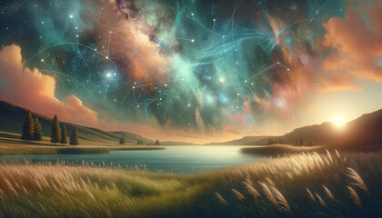 Tranquil galactic map integrated into serene natural landscape.