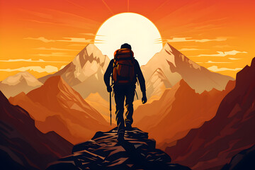 Hiker standing on a mountain peak and looking the sky, illustration, ai generated