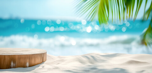 Summer product display on wooden podium at sea tropical beach. sandy beach with Palm trees and turquoise sea background.