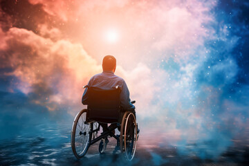 Person in wheelchair looks at the abstract horizon with the colors like blue, red, green and yellow, July, Disability Pride Month