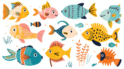 Cartoon fish set. Colorful marine collection.