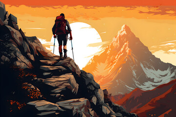 Hiker standing on a mountain peak and looking the sky, illustration, ai generated