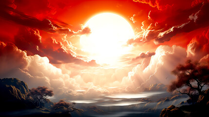 Fantasy landscape with red sky and sun. Fantasy landscape with red sky and sun. Generative AI technology.