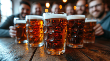 Happy friends drink beer in pub