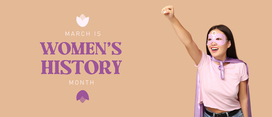 Festive banner for Women's History Month with young woman in superhero costume