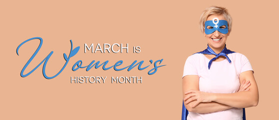 Festive banner for Women's History Month with mature woman in superhero costume