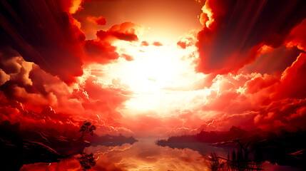 Fantasy landscape with red sky and sun. Fantasy landscape with red sky and sun. Generative AI technology.