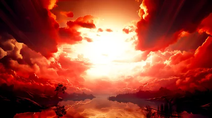 Poster Fantasy landscape with red sky and sun. Fantasy landscape with red sky and sun. Generative AI technology. © Grycaj