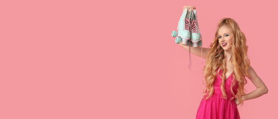Beautiful young woman with vintage roller skates on pink background with space for text