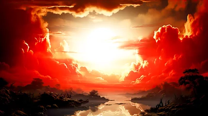  Fantasy landscape with red sky and sun. Fantasy landscape with red sky and sun. Generative AI technology. © Grycaj