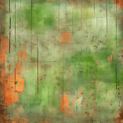 Retro style green and orange green stacco wall background. Vibrant grungy vintage cracked wall. Colorful and shabby abstract texture.