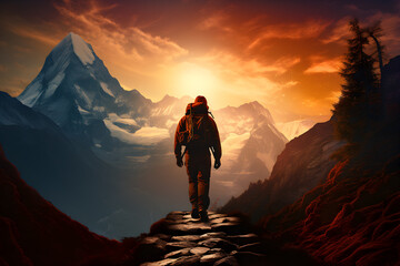 hiker hiking the mountain , hiker watching the sky from top of the mountain illustration