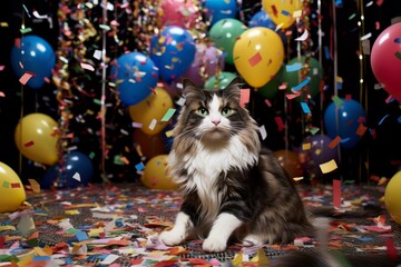 Fototapeta na wymiar A cat surrounded by vibrant balloons against a backdrop of shimmering confetti.