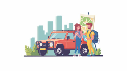 Couple road trip by car flat color vector illustration.