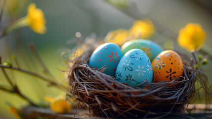 A serene Easter composition of a nest with delicately painted eggs and vibrant yellow flowers, ideal for text space..