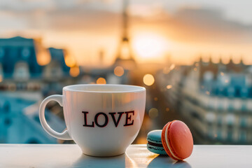 Coffee cup with the word love and macaroon on the balcony with beautiful sunset in Paris.