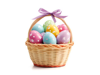 Fototapeta na wymiar Beautifully Decorated Easter Eggs in a Wooden Basket Isolated on a White Background