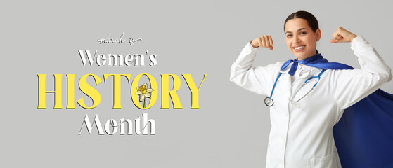 Beautiful female doctor in superhero costume showing muscles on white background