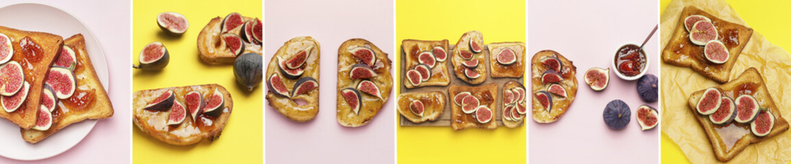 Collage of tasty sandwiches with sweet fig jam on color background