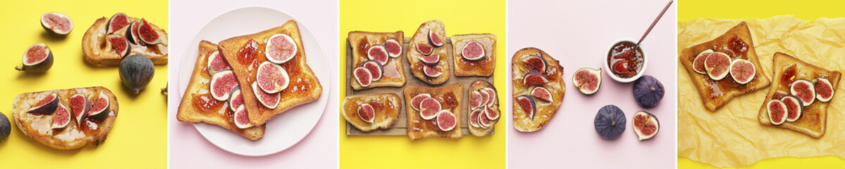 Collage of tasty sandwiches with sweet fig jam on color background