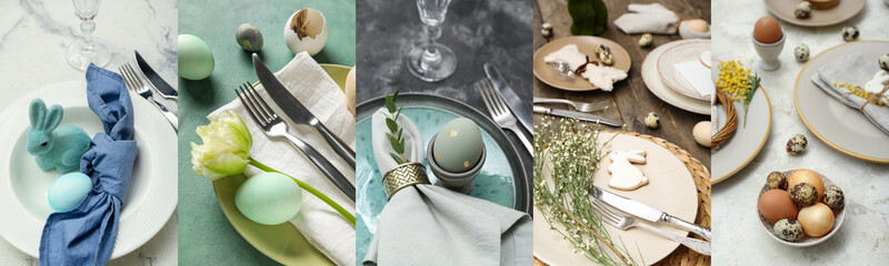 Table setting with Easter egg, cutlery and green branch on grey grunge background