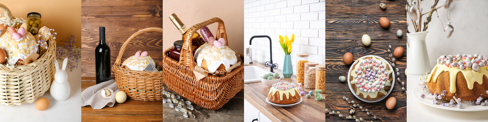 Basket with Easter eggs, cake, gypsophila flowers and bunny on white table near against beige...