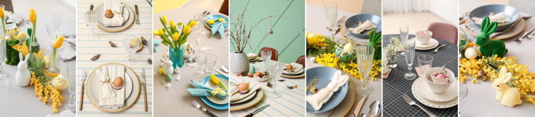 Collage of different beautiful table settings for Easter dinner
