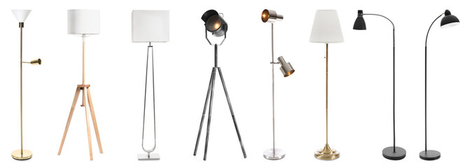 Set of different standard lamps on white background