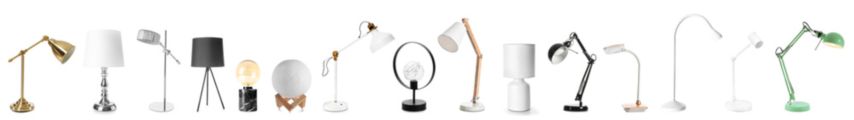 Set of different table lamps on white background