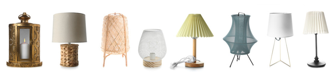 Collage of different lamps on white background