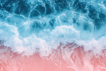 A calm pink sand beach with turquoise waves and a pastel sky. Seascape of a tropical paradise