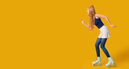 Fototapeta na wymiar Beautiful young woman in vintage roller skates on yellow background with space for text