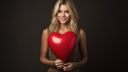 Pretty smiling blonde girl holds red heart shaped balloon. Love and valentine's day theme. Brown background. AI Generated