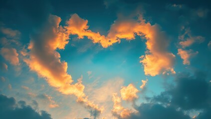 Clouds in the shape of a heart and a bright sun in a blue sky. Concept of love and happiness