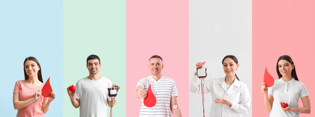 Collage of blood donors and female doctor on color background