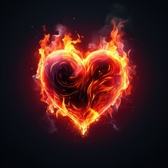 Fiery burning heart on black background. Orange, yellow and red flame. Concept of love and passion. AI Generated 