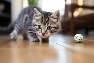 Naklejka premium Cute gray tabby kitten playing with a ball on the floor. Playful cat in the house. Pet indoors. AI Generated